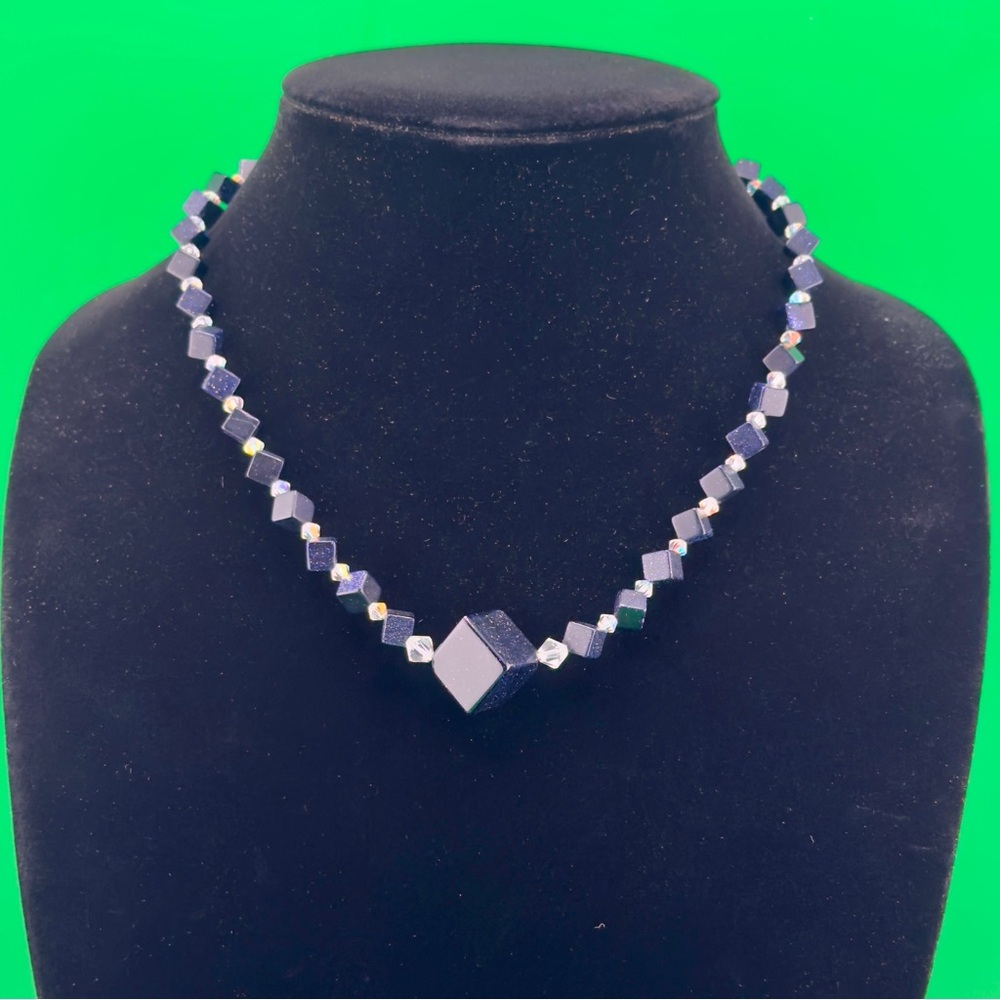 Vintage Elegant Black Sparkly and Iridescent Chunky Cosmic Geometric Necklace